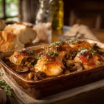 An image showing a Chicken Chasseur cooked in a casserole dish.